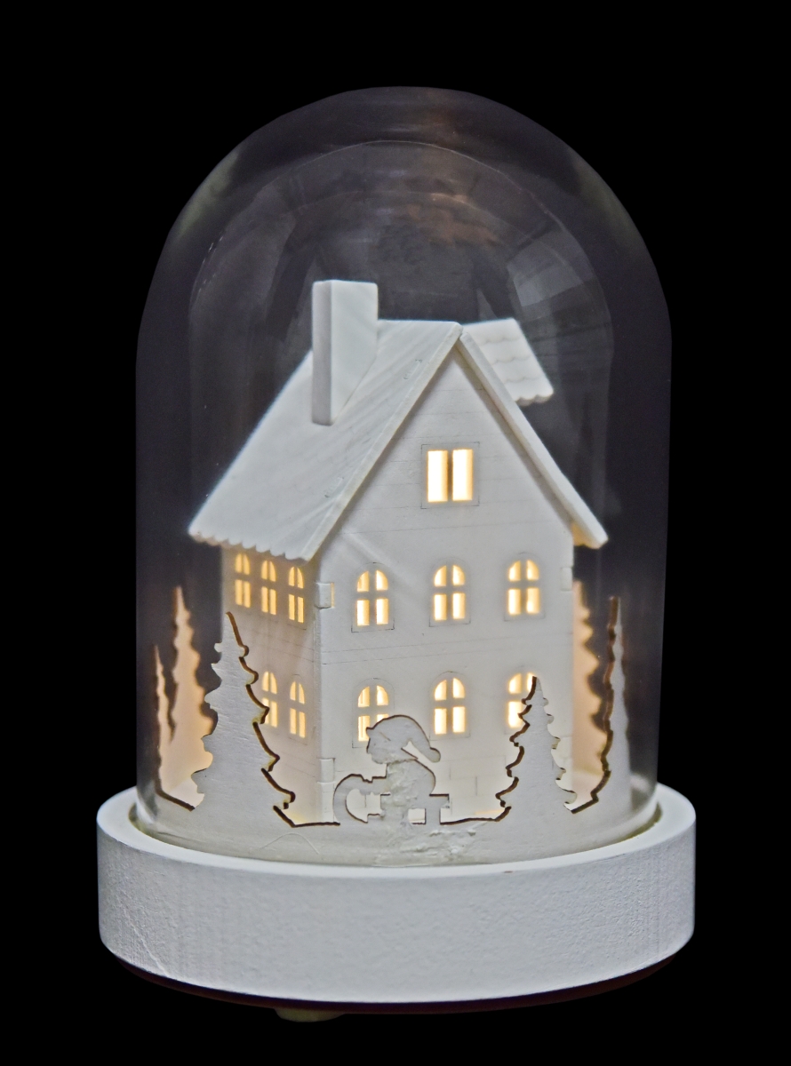 18 cm svítící LED chaloupka dřevěná ve skleněném šturcu