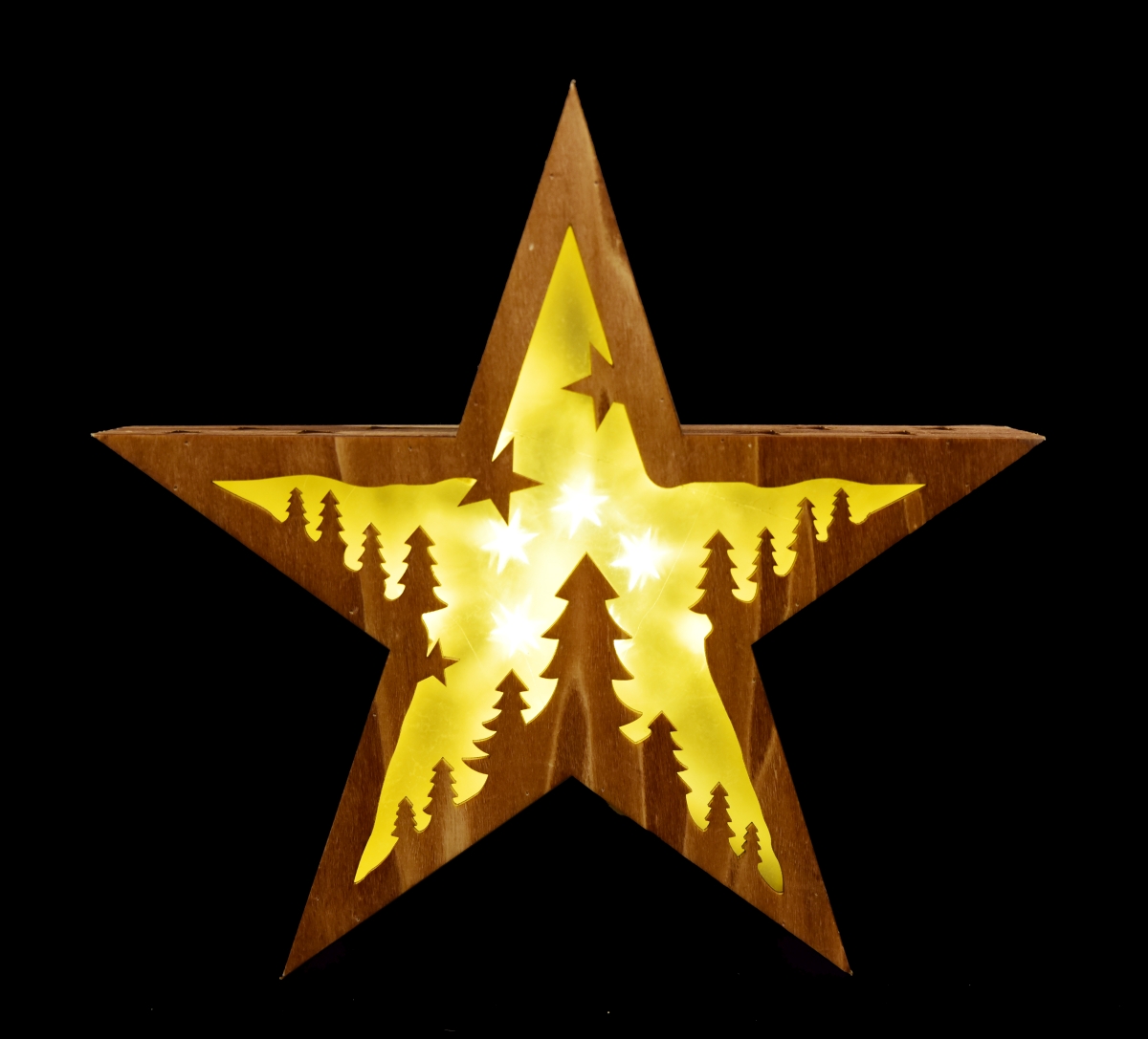 28 cm svítící 3D hvězda dřevěná s motivem lesa, LED