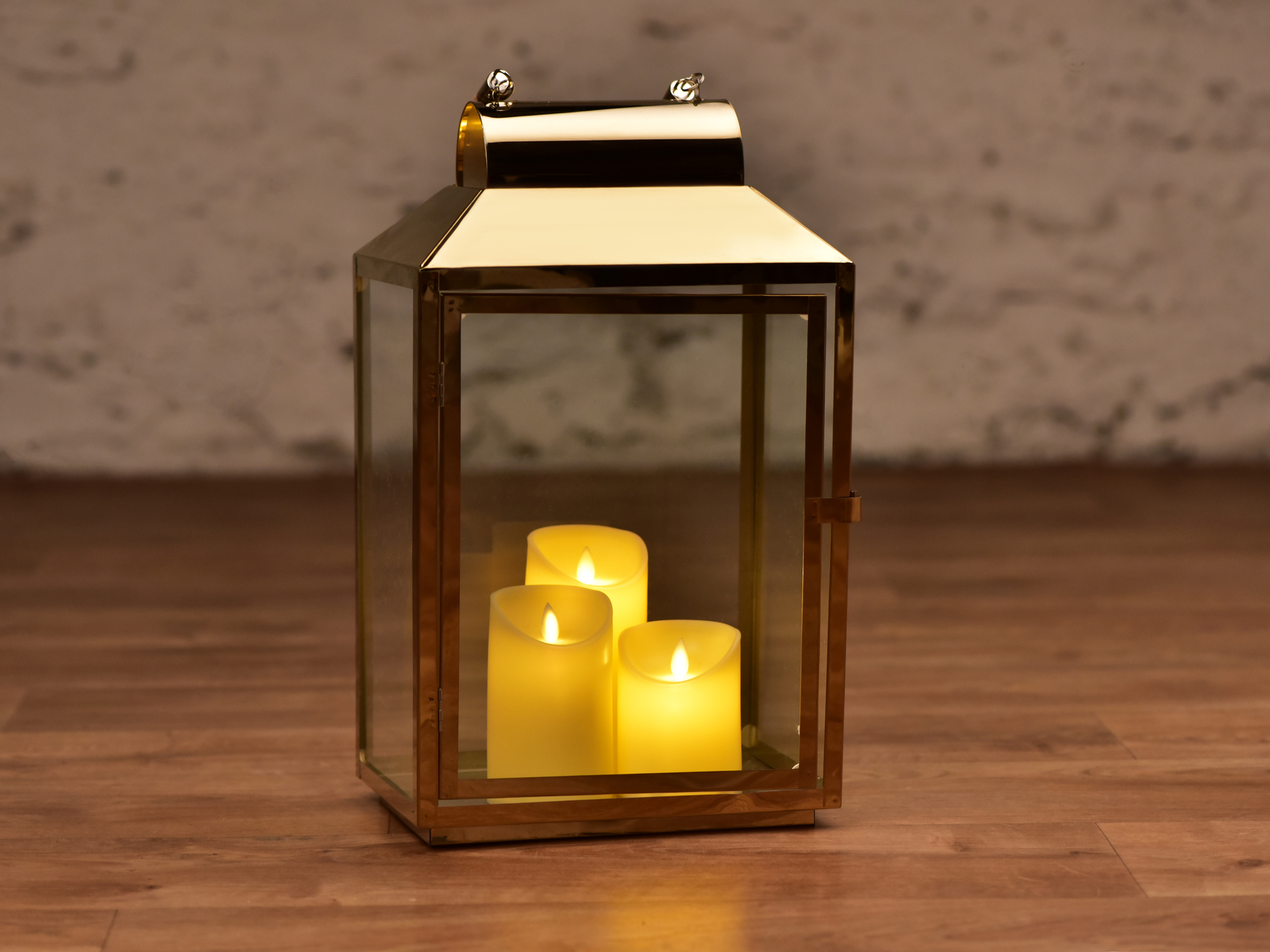 FC183012-Nerezová lampáš v zlatej farbe so sklenenou výplňou