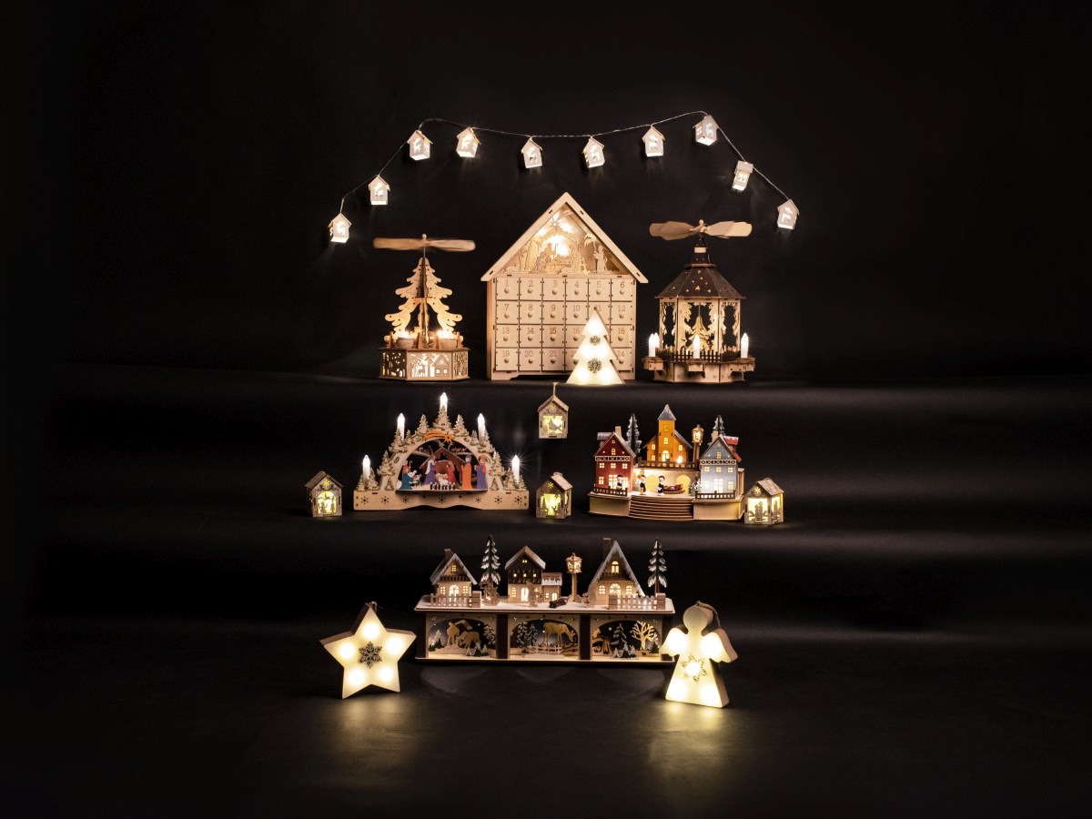 42 cm adventní dřevěný svítící LED kalendář s betlémem