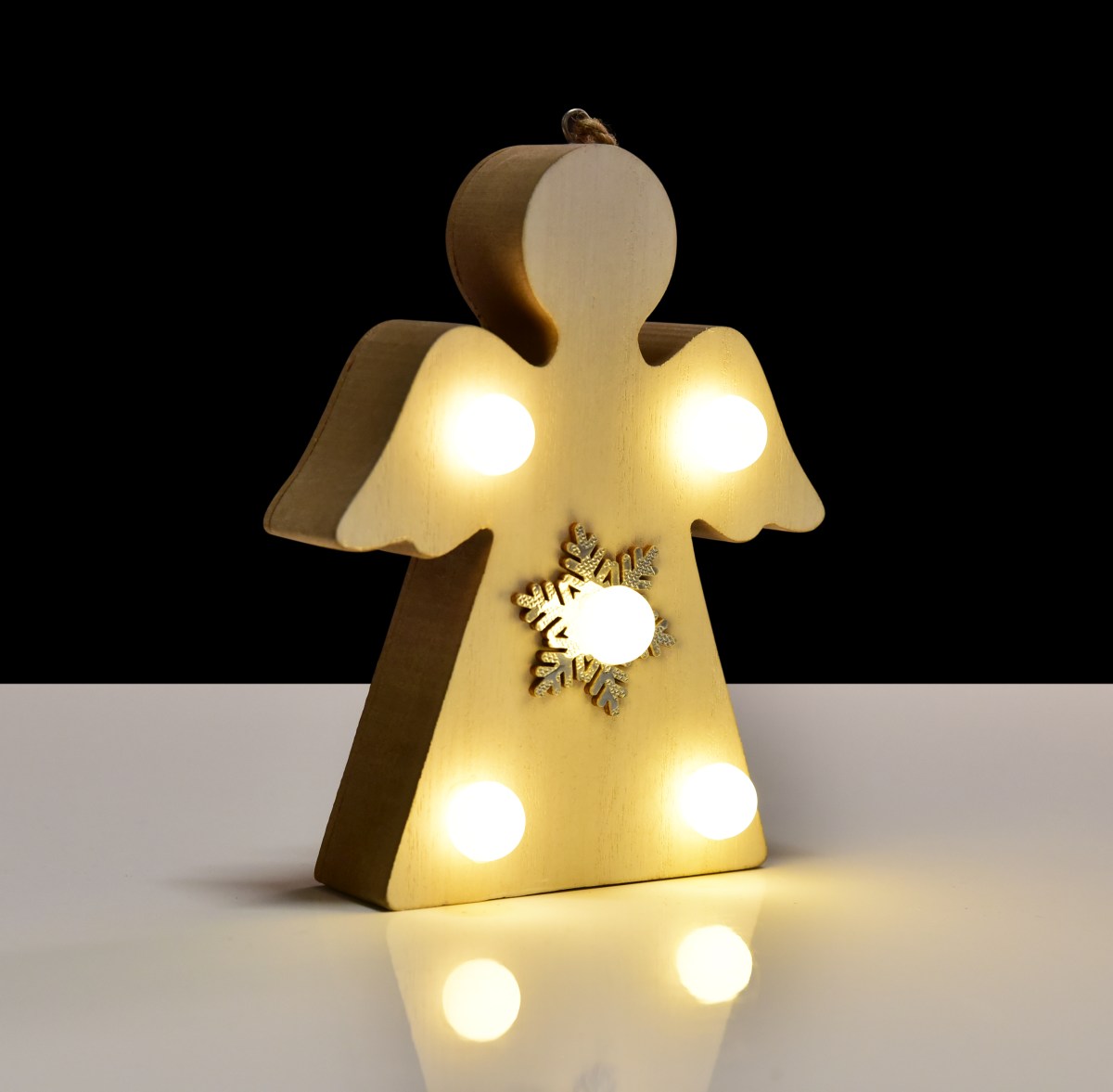 15 cm dřevěný svítící LED anděl, závěsná/stojací dekorace