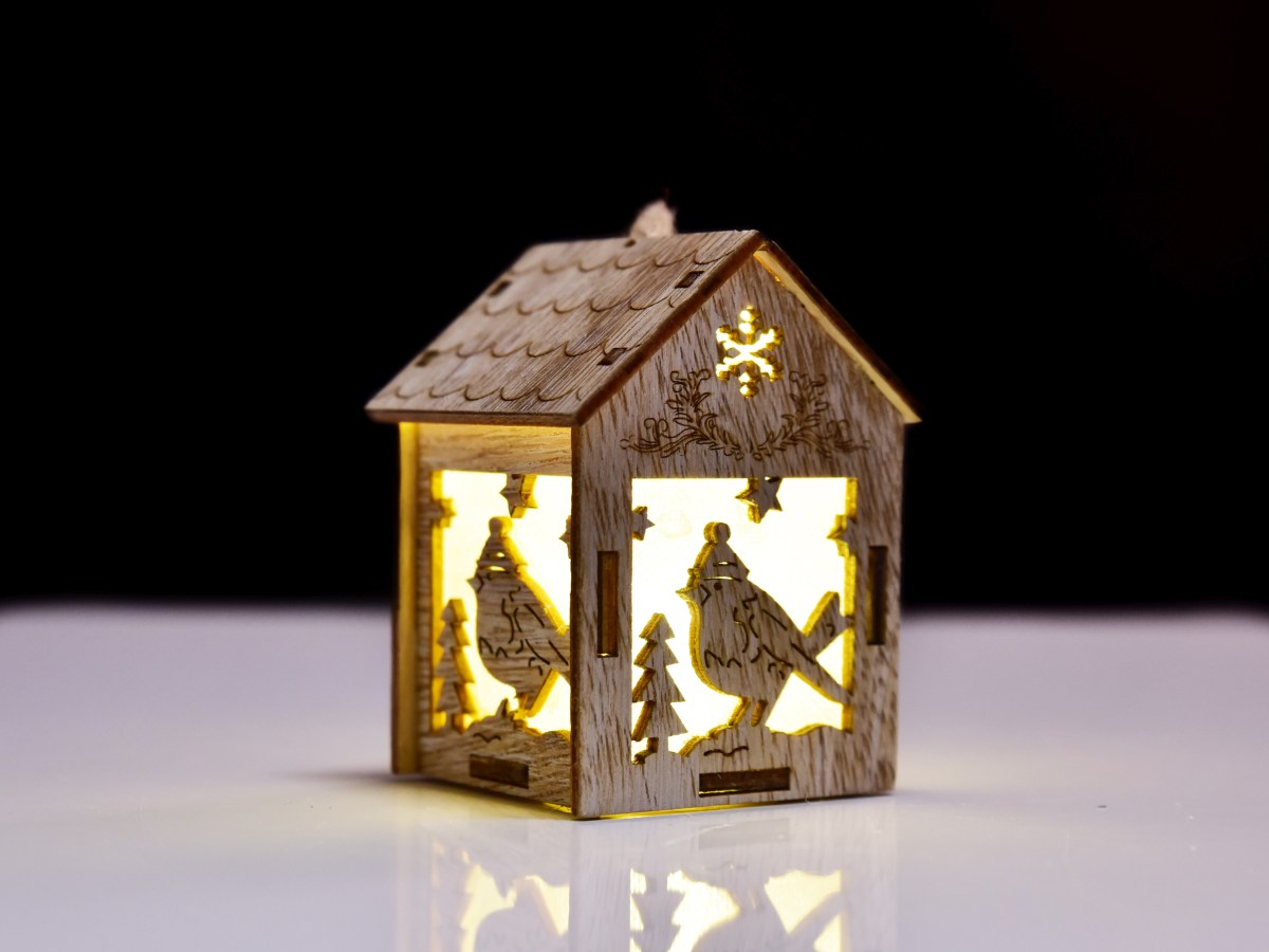 Dřevěný svítící LED domek s vánočními motivy zimní ptáček