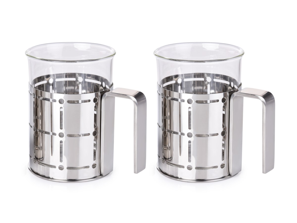 2 szt. stylowy szklany kubek na kaw i herbat w nierdzewnym stojaku