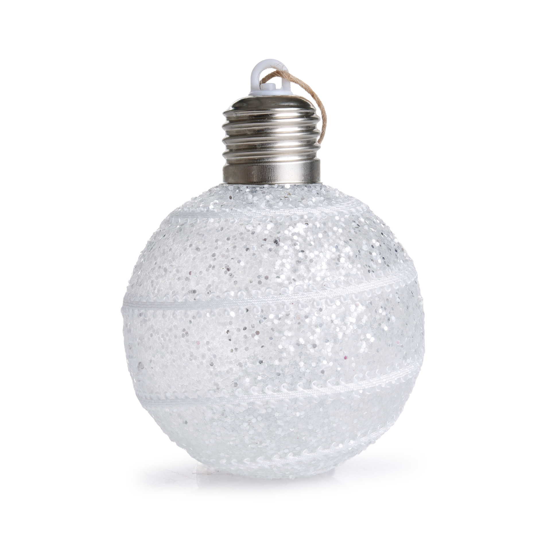 8 cm svíticí LED koule s bílým lemováním a třpytivým finišem