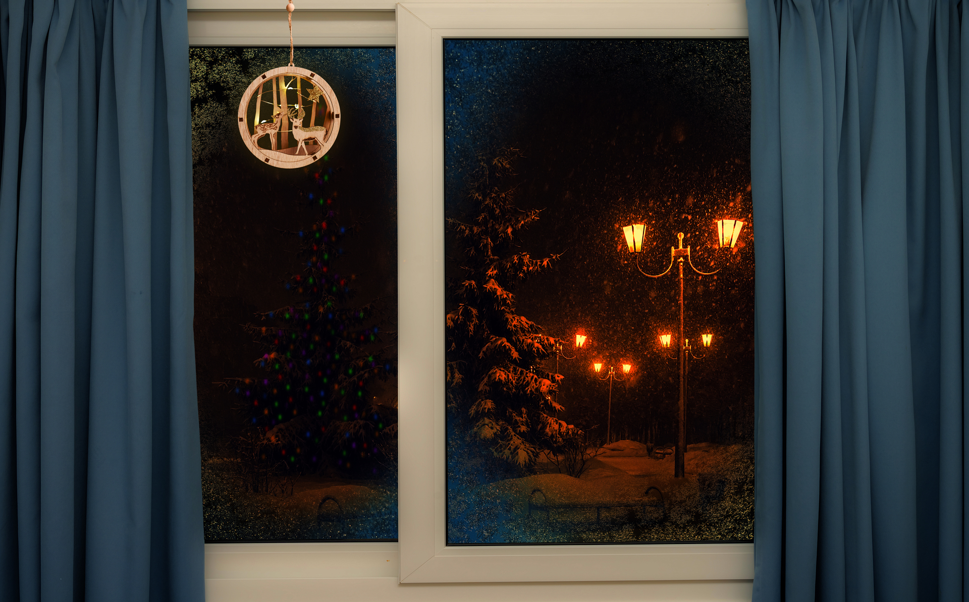 15 cm svítící LED lesní zátiší, závěsná dekorace do okna či výklenku