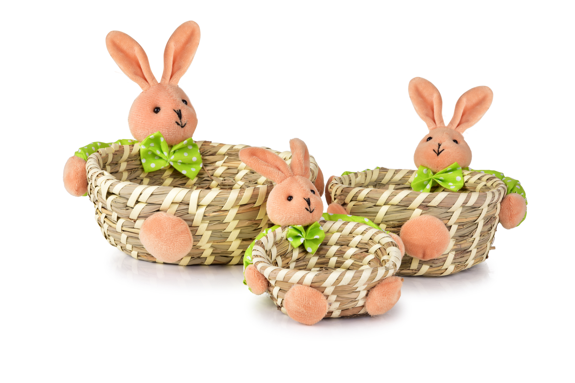 3 ks košíčky z prírodnej slamy s veselými zajačikmi