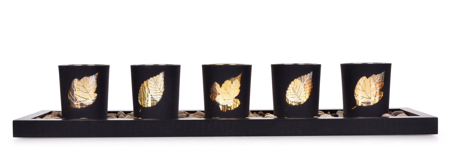 LUMILEAF sada 5 svietnikov na drevenom podstavci