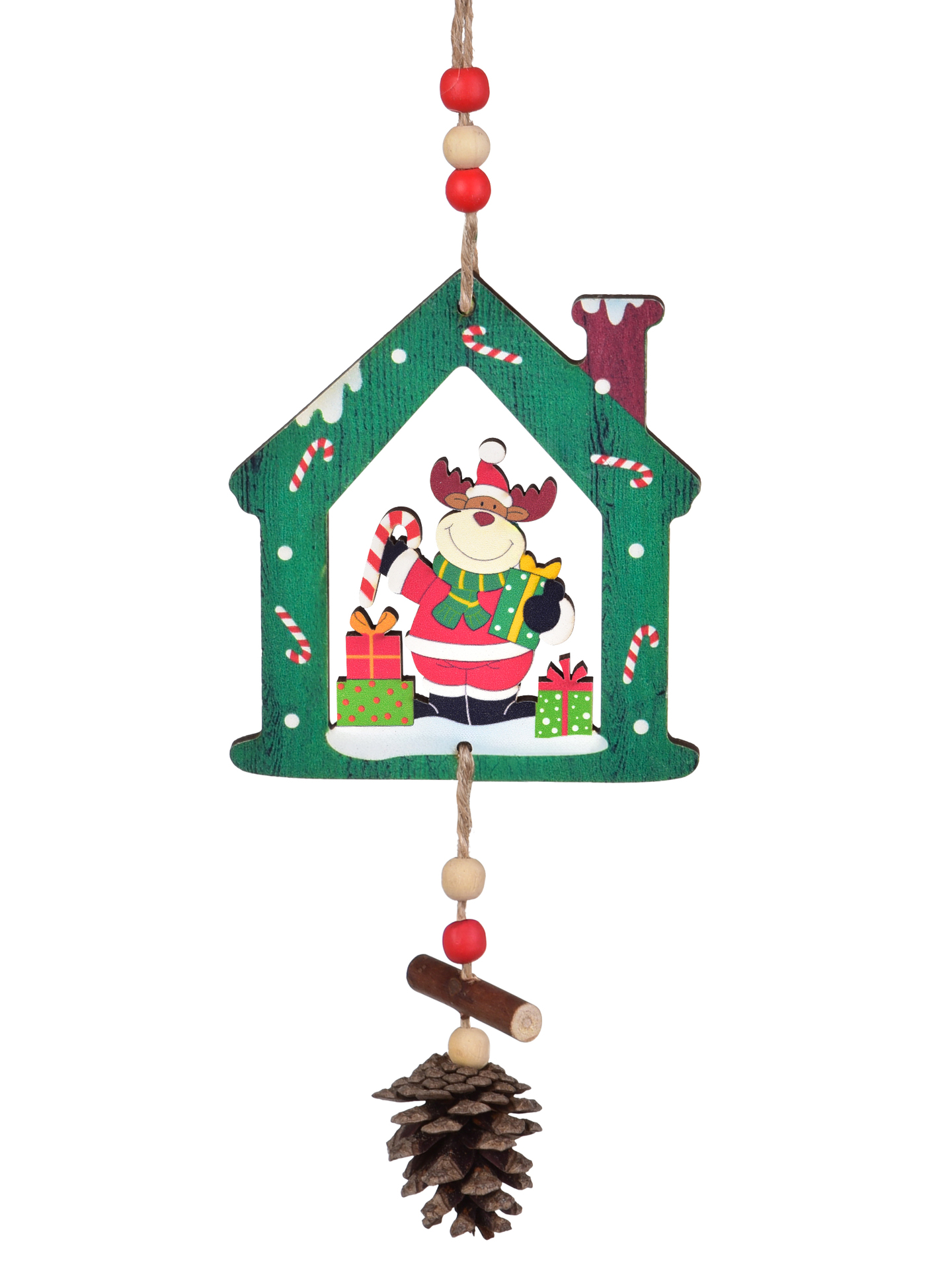 10,5 cm dřevěná dekorace ve tvaru zeleného domečku s vánoční aplikací