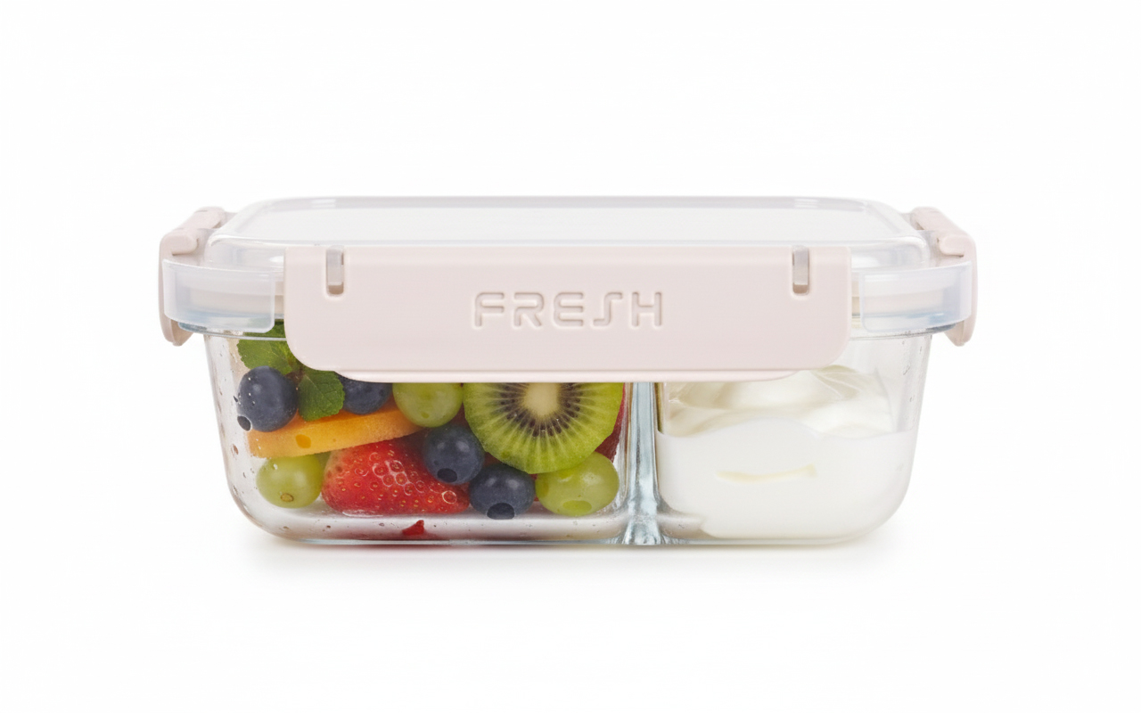 CVAK&CVAK | 2v1 Dělená skleněná krabička na jídlo 150+250 ml | béžová