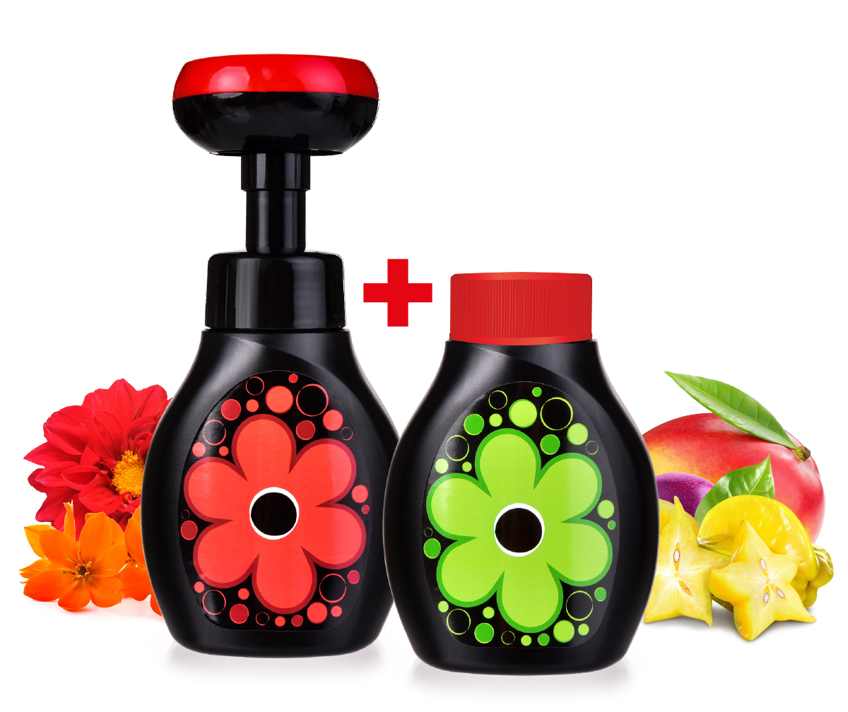 Levně SADA 1+1 | pěnové mýdlo na ruce i tělo s veselým napěňovačem DAISY FLOWER | 2×300 ml